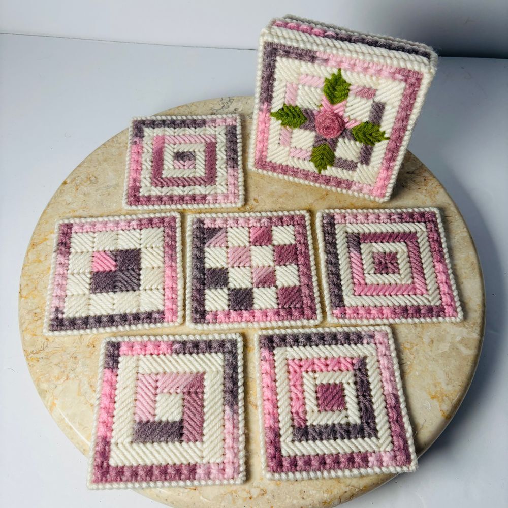 Vintage Handmade‎ Cross Stitch Pink Purple Floral Boxed 6 PC Coaster Boho MCM